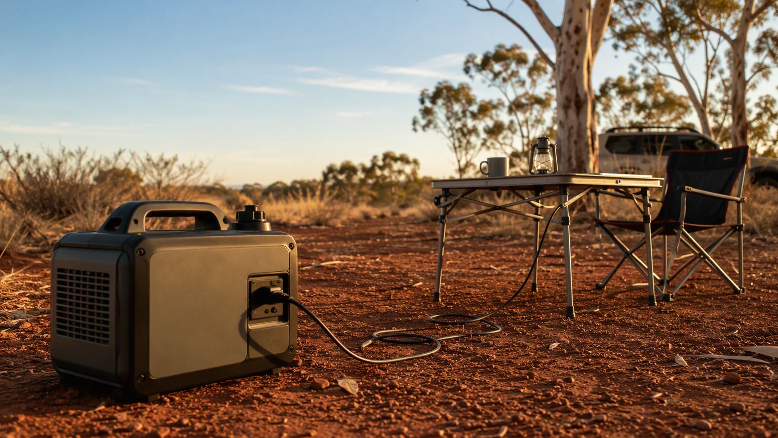 A small portable inverter generator on red dirt at an Australian bush camp in golden light, a power lead running to a camp table, enamel mug and camp chair, with eucalypt trunks behind.
