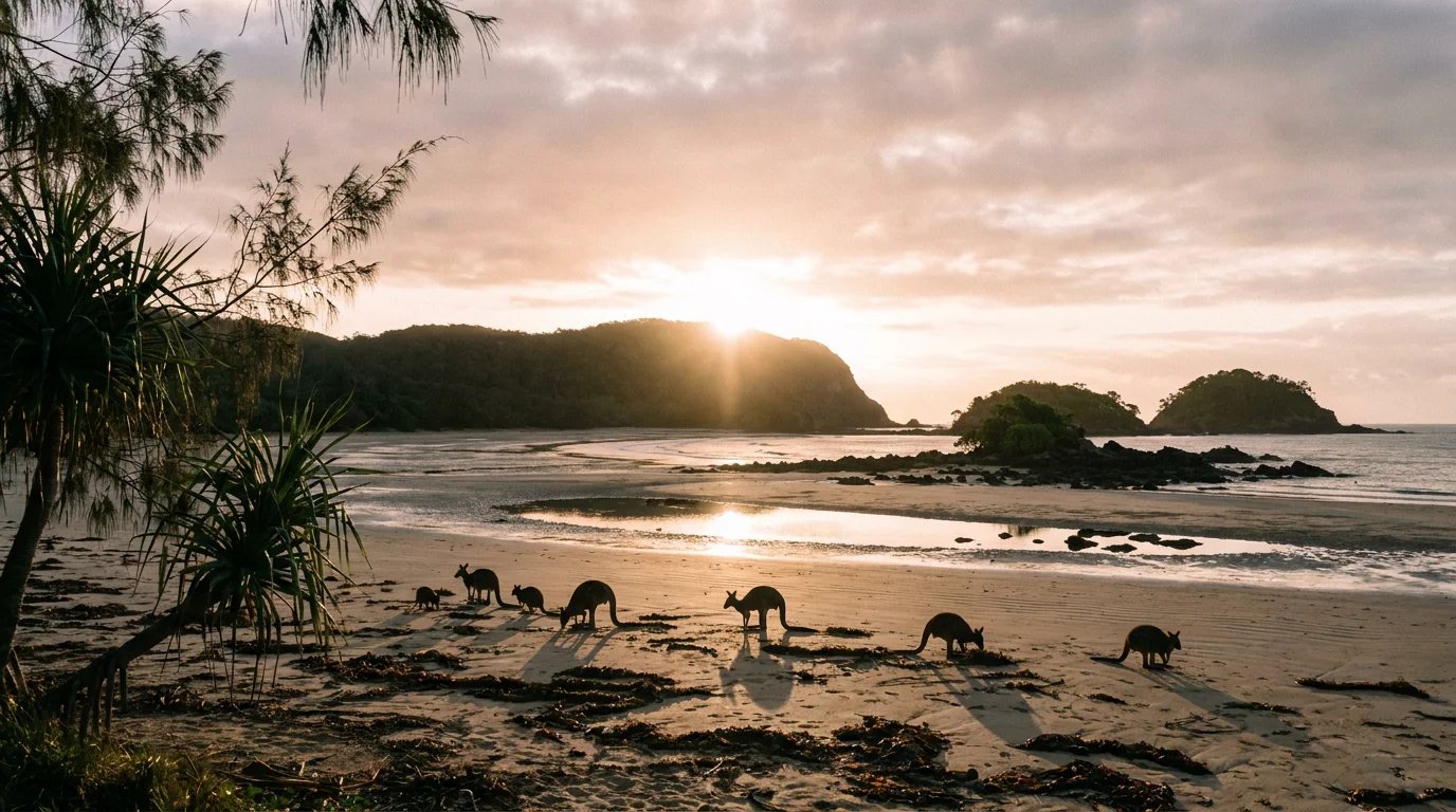 Sunrise at Cape Hillsborough beach in winter — a small mob of eastern grey kangaroos and wallabies silhouetted on wet sand grazing seaweed, sun cresting the forested headland, pandanus palms framing the left, small volcanic islands offshore i...