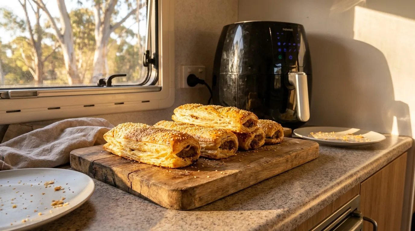 Freshly baked, golden-brown flaky puff pastry sausage rolls arranged on a wooden board inside a caravan kitchen, with a modern digital air fryer visible in the sunlit background