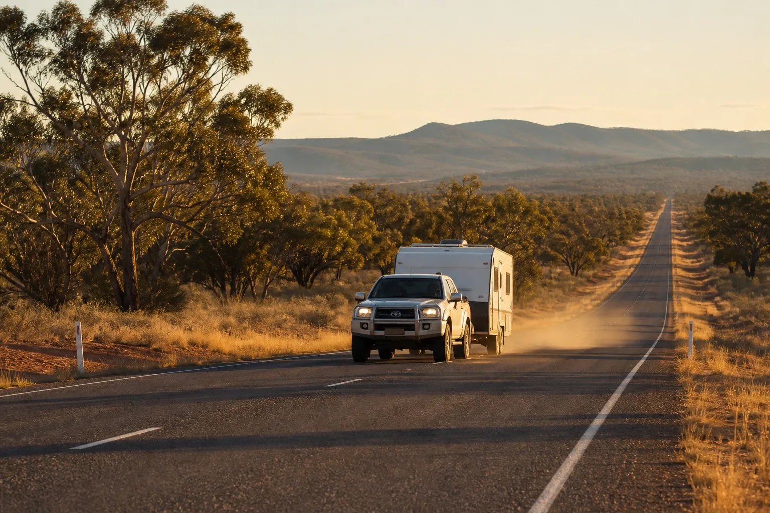 Silver dual-cab ute towing a white caravan along a straight Australian country highway at golden hour, eucalyptus trees and red earth verges, long shadows and a soft dust plume behind the van