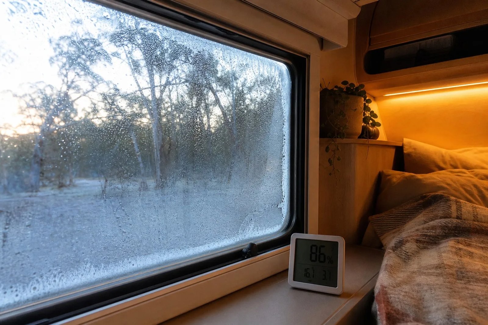 Single-glazed caravan window covered in condensation droplets and frost at dawn, a digital hygrometer showing 86 per cent humidity on the sill, warm LED interior light and a neatly made bed inside an Australian off-road caravan on a cold winter morning
