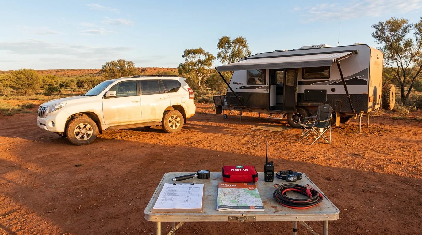 A dusty white Toyota Prado tow vehicle parked beside a modern Australian off-road caravan with the awning out, on a red dirt outback clearing at golden hour, with a folding table in the foreground holding a printed pre-trip checklist, tyre pr...