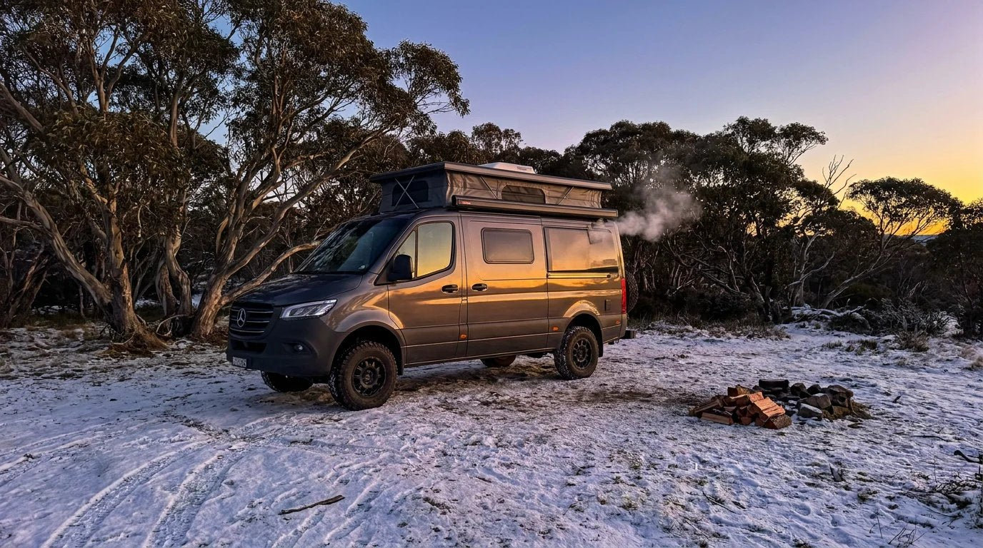 A modern off-road caravan at a snowy Australian campsite at sunset, with a subtle wisp of steam from a diesel heater vent.