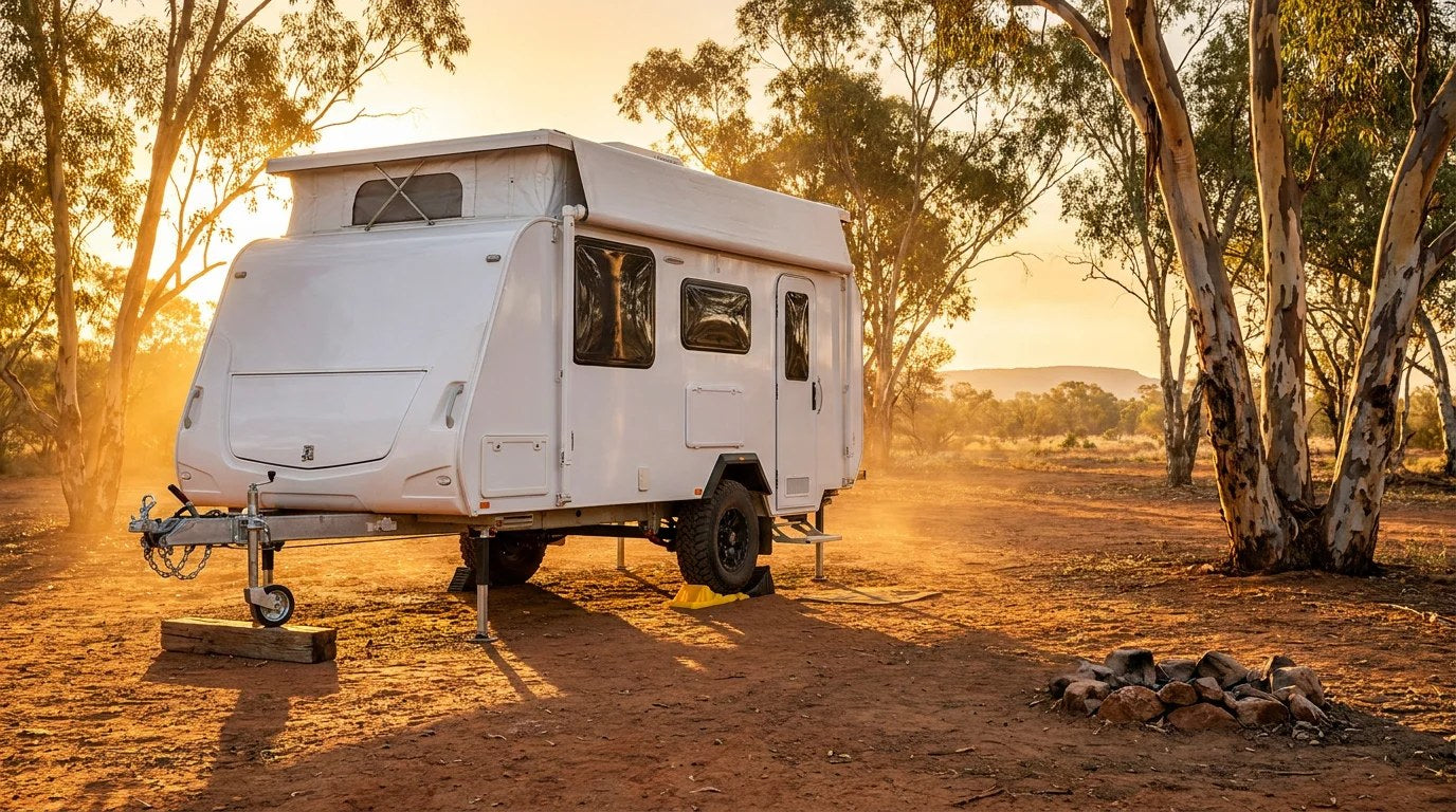 White off-road caravan unhitched at a bush camp at golden hour, levelling ramp under off-side wheel, jockey wheel on timber pad, corner stabiliser legs deployed, eucalyptus gum trees and red-dirt clearing, distant ranges, fire pit on the right