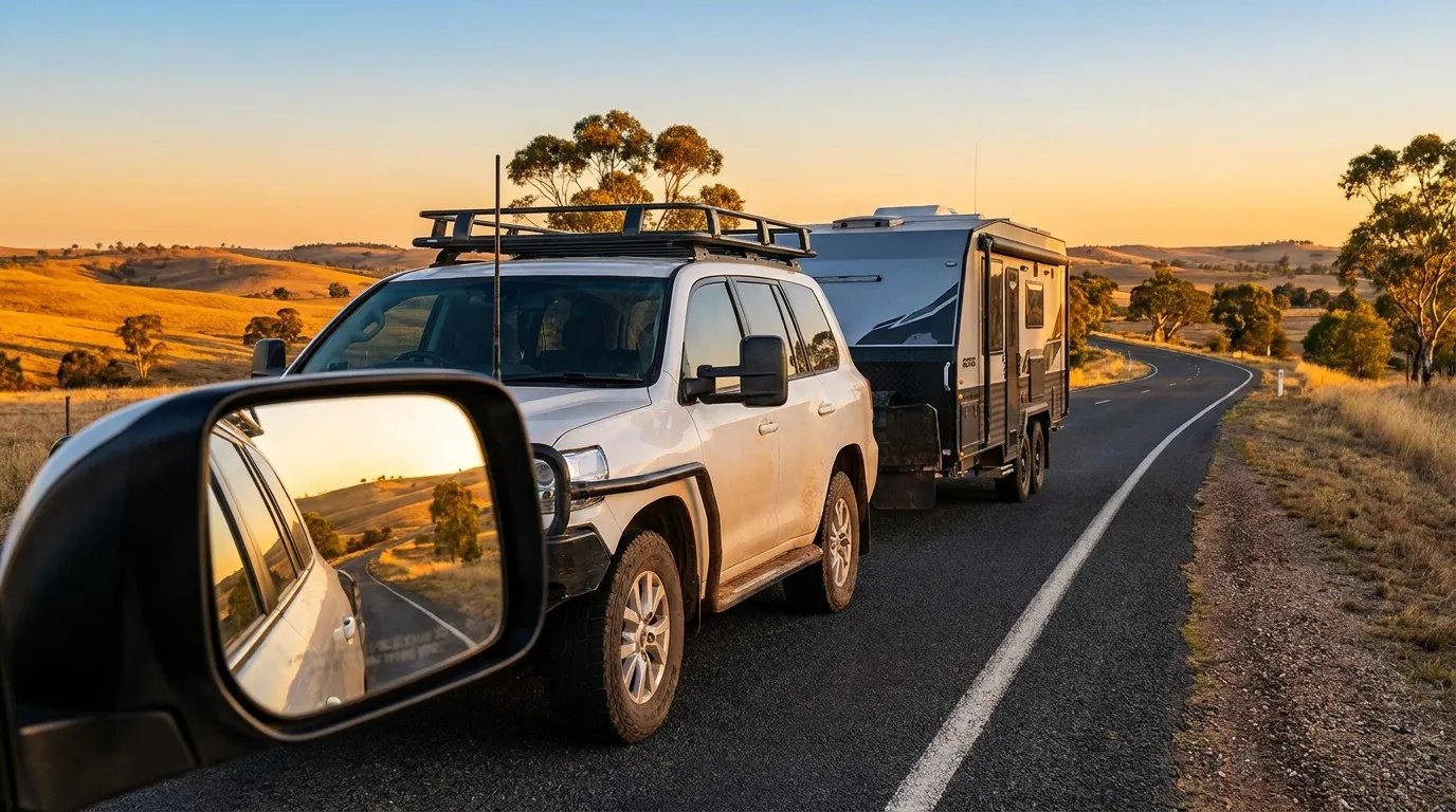 Close-up view of an extended, double-lens black towing mirror mounted on a white Toyota 200 Series LandCruiser, reflecting a modern off-road caravan trailing behind on a winding outback road at sunset