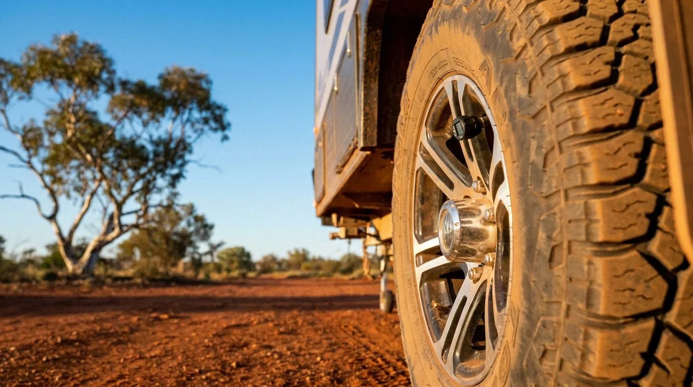 A rugged off-road caravan tyre on a red dirt track in outback Australia, featuring a modern TPMS sensor on the valve.