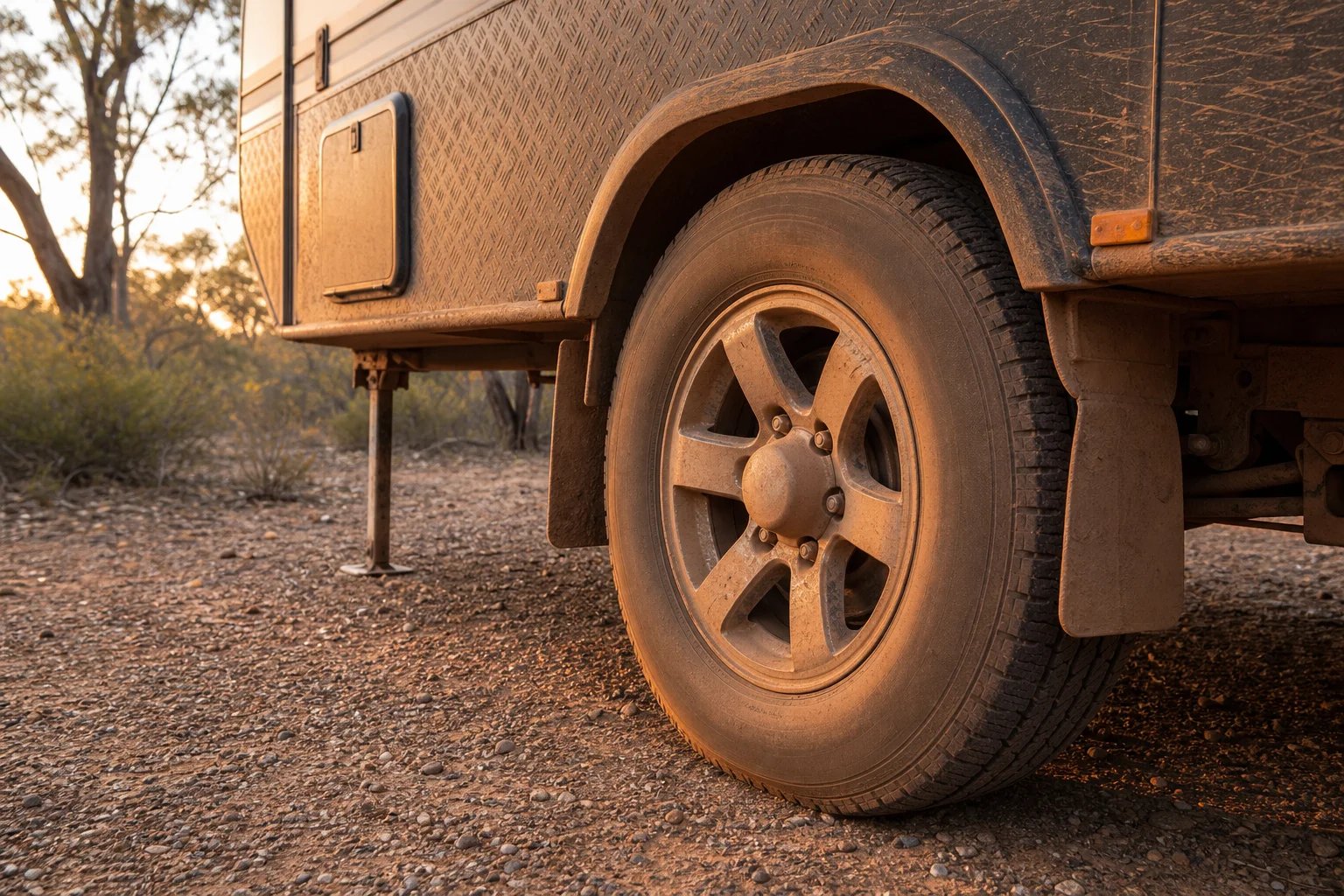 Close-up of the dusty wheel and hub of an off-road caravan on a gravel pad in the Australian bush at golden hour, with a plain unbranded alloy rim and eucalypts blurred behind.