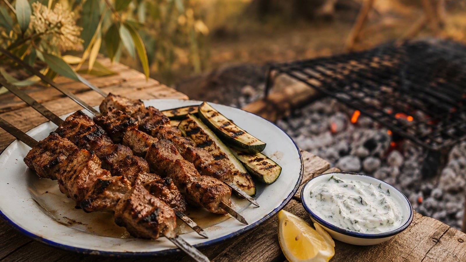 Chargrilled lamb skewers on an enamel camp plate with charred zucchini, a lemon wedge and a bowl of lemon-oregano yoghurt, beside a glowing campfire grill grate at golden hour