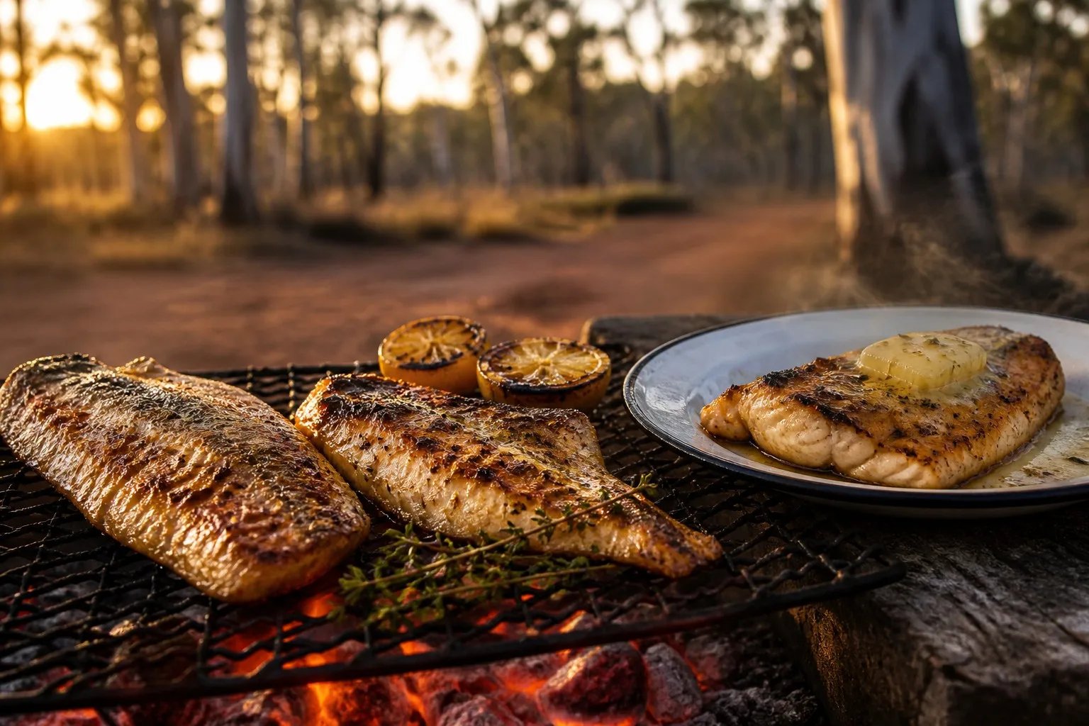 Charred barramundi fillets with crispy golden skin and melting lemon garlic butter on a camp grill grate over glowing coals, with charred lemon halves and thyme, at an Australian bush campsite at golden hour