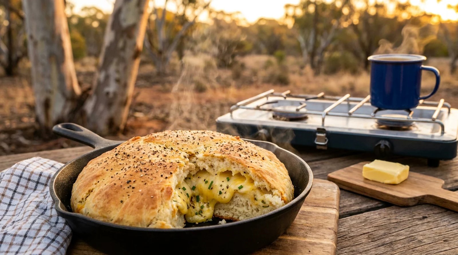 A golden cheese and herb damper baked in a black cast-iron skillet on a wooden camp table, partly torn open showing melted cheese and chives, with a camp gas stove and steaming tea mug in the soft-focus background, golden hour Australian camp setting