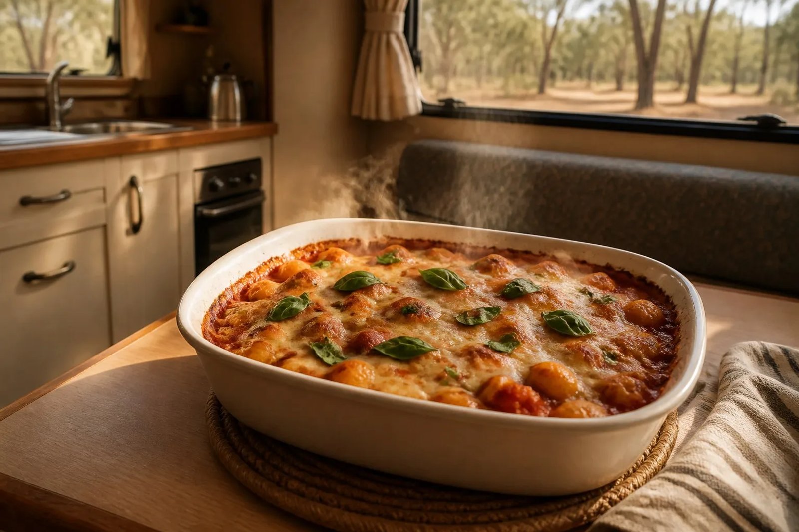 Baking dish of cheesy baked gnocchi with golden bubbling mozzarella, tomato sauce and fresh basil on a caravan galley bench, gum trees visible through the window