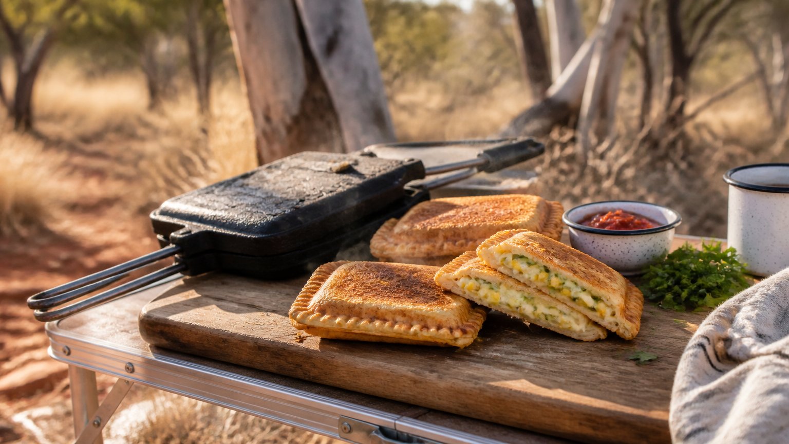 Golden cheesy corn jaffles on a wooden camp board, one sliced open to show melted cheese and sweet corn, beside a cast-iron jaffle iron and a bowl of tomato relish, red dirt and eucalypt trunks behind in warm morning light.