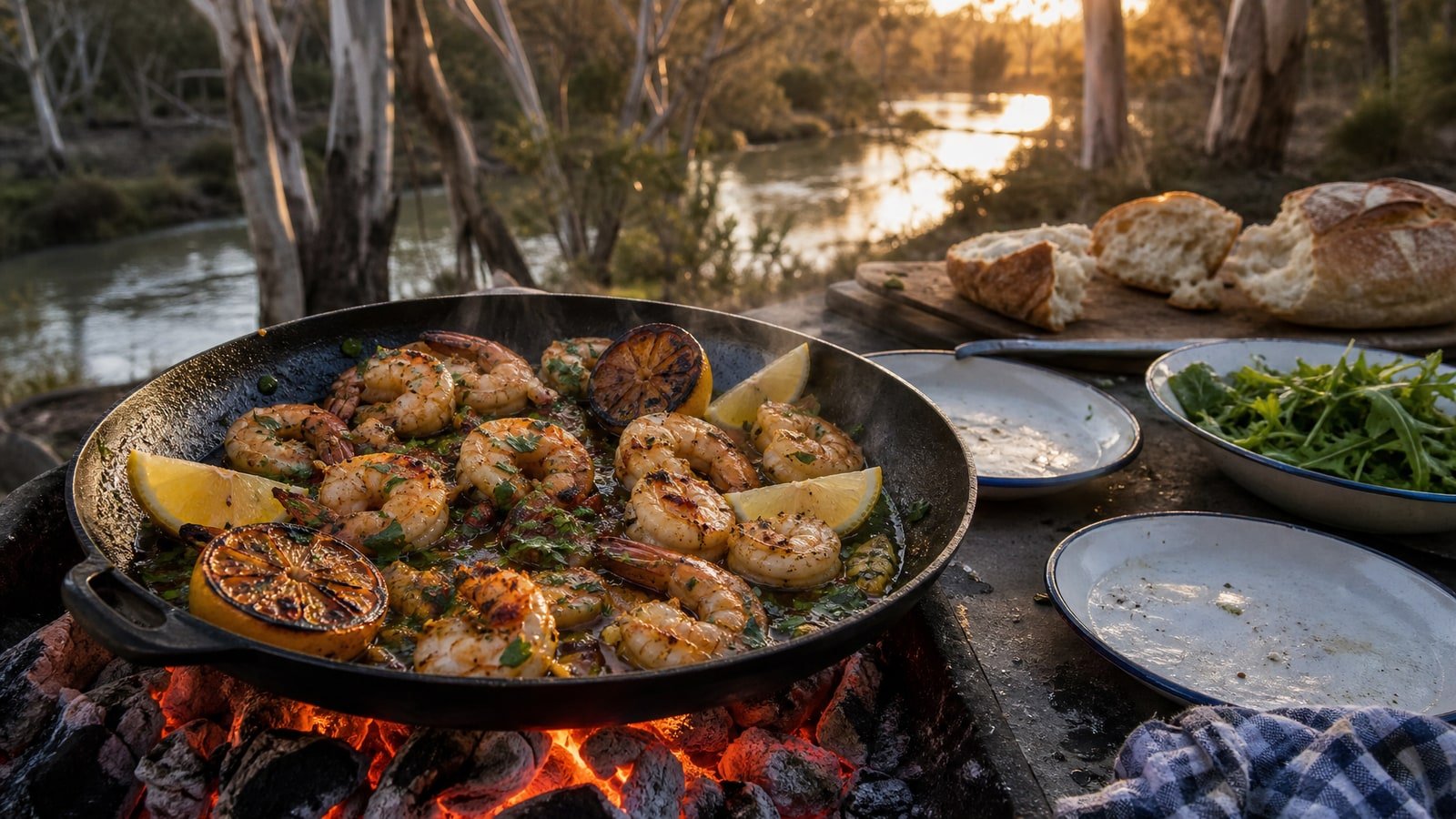 Chilli garlic prawns sizzling in a black cast-iron skillet on glowing campfire coals beside an Australian river, with charred lemon halves, chopped parsley, torn sourdough and an enamel plate of salad, river red gums in golden-hour light