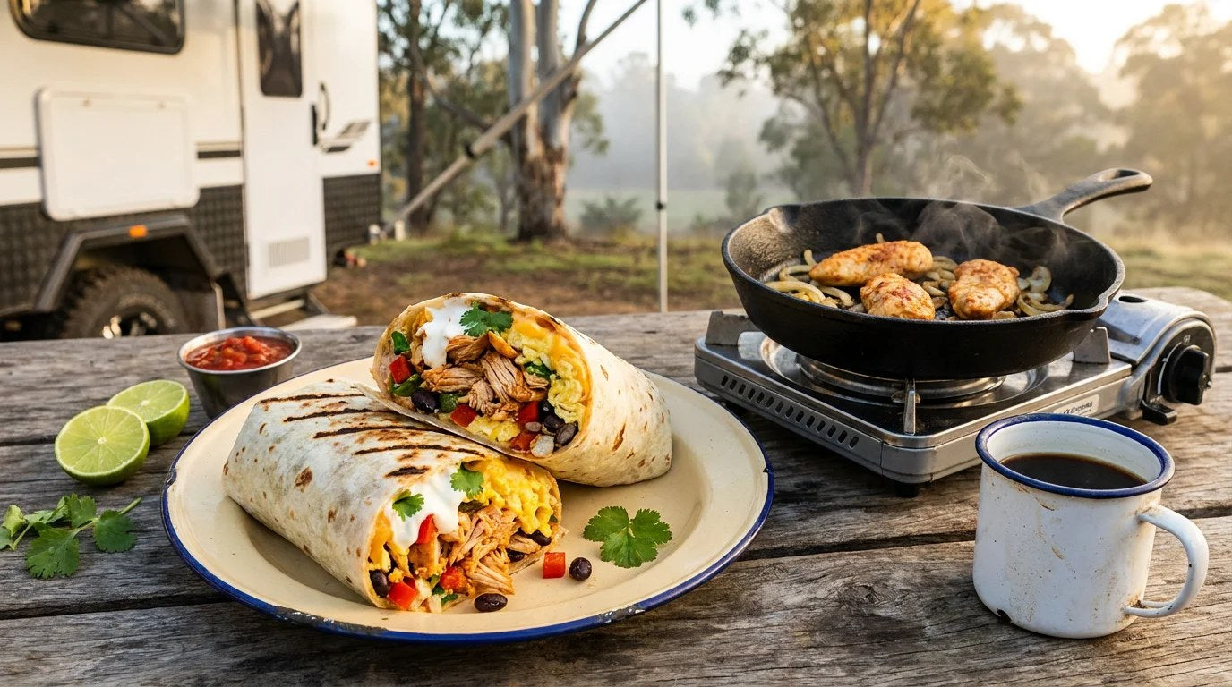 Two smoky chipotle chicken breakfast burritos on a battered enamel camp plate, one cut diagonally to show shredded chicken, scrambled egg, melted cheese, black beans and red capsicum filling, with a cast-iron skillet on a butane camp stove be...