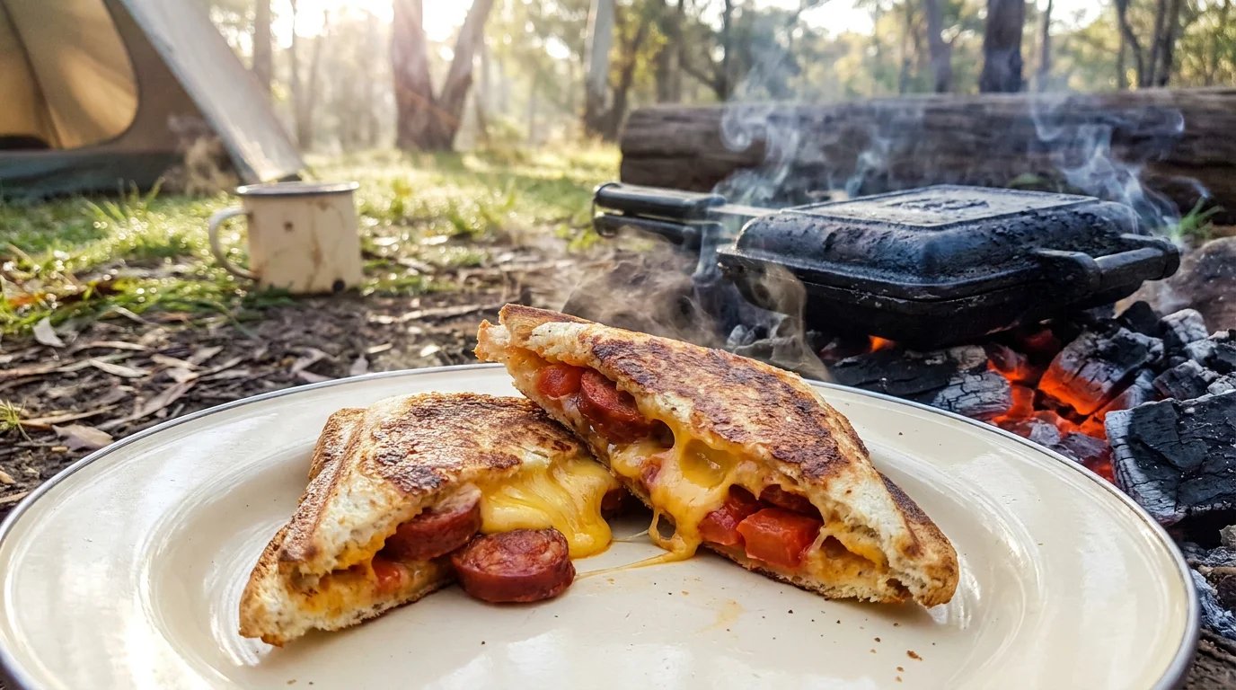 Two golden-brown campfire jaffles split open on an enamel plate revealing melted cheddar cheese, sliced chorizo and red tomato pieces inside, with a cast-iron jaffle iron steaming on glowing red coals in the background and a canvas tent under...