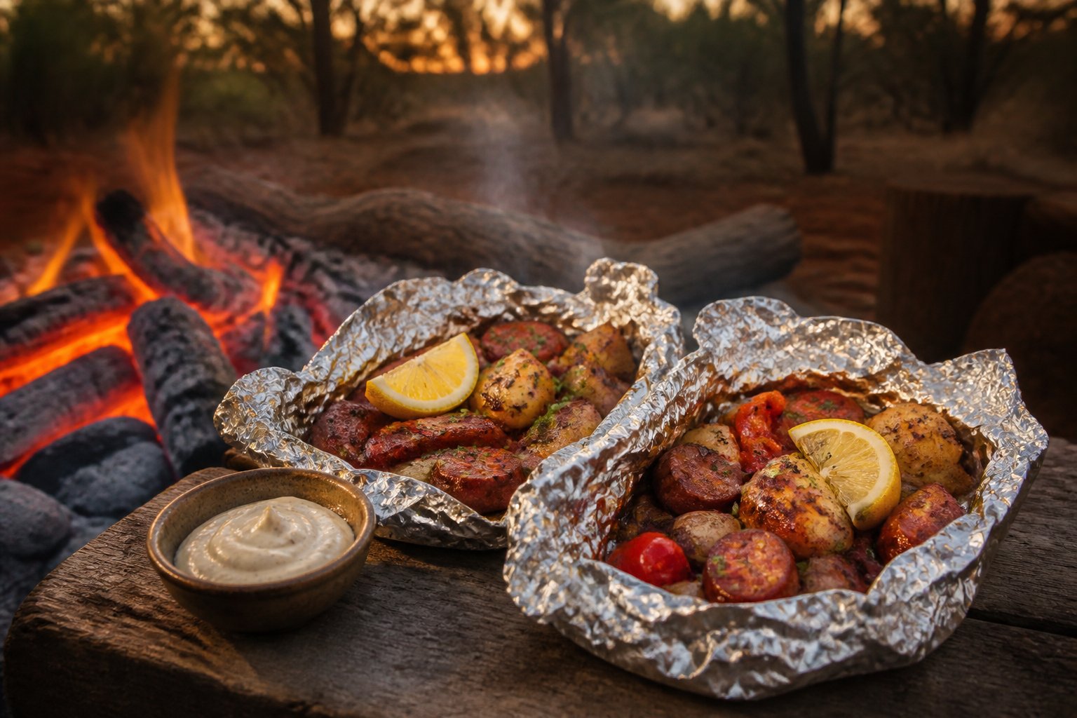 Two torn-open foil parcels on a wooden board beside glowing campfire coals, filled with sliced chorizo, golden roast potatoes, blistered capsicum and onion topped with parsley and lemon, at an Australian bush camp at dusk.