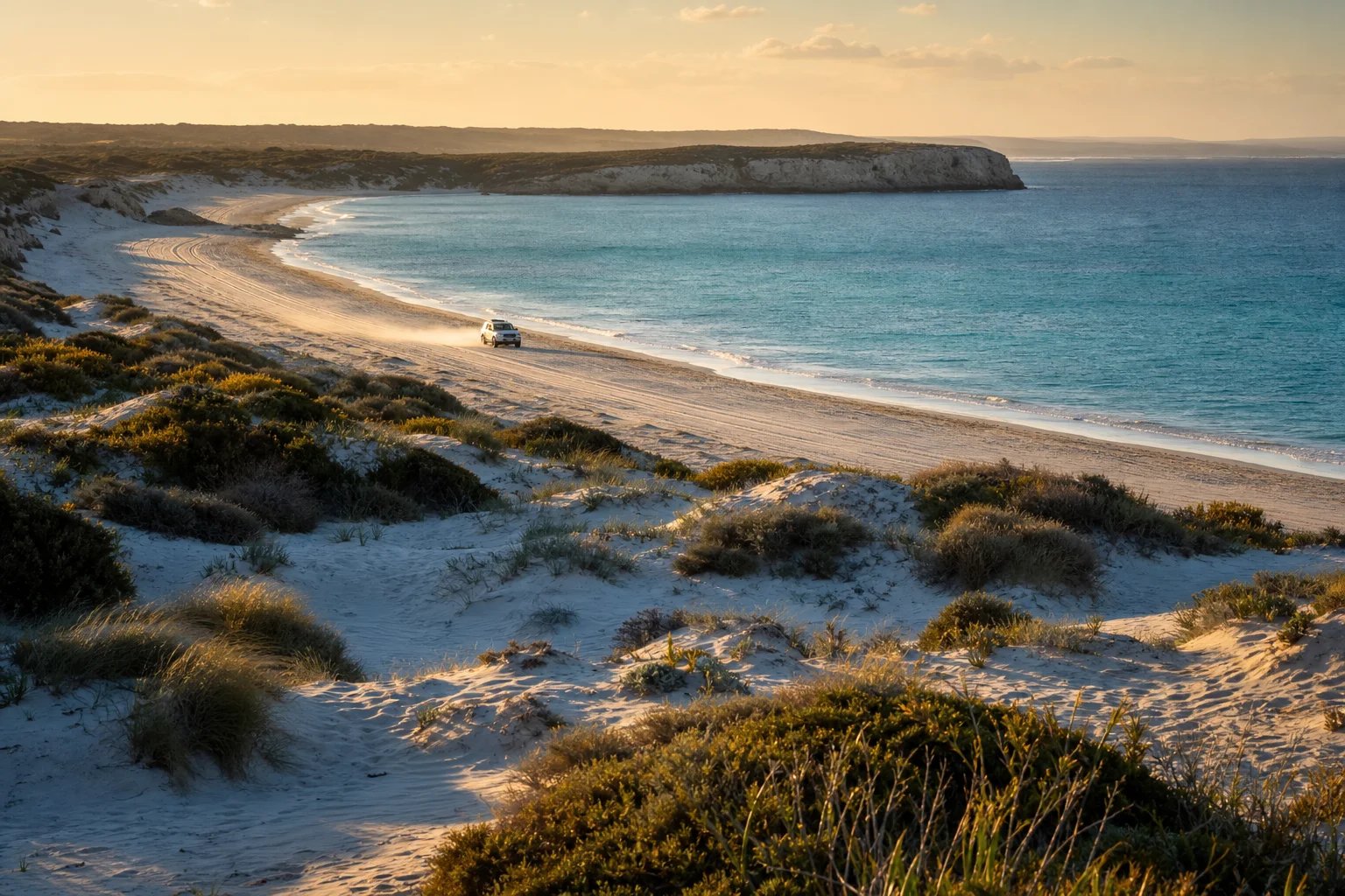 Golden-hour view of Coffin Bay National Park on the Eyre Peninsula — sand dunes and turquoise bay with a white dual-cab 4WD driving the beach track, spinifex in the foreground