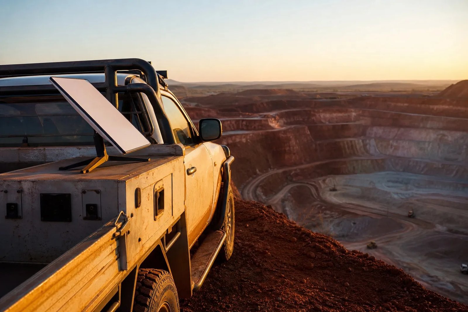 A Starlink Mini dish mounted on an industrial ute at the rim of a remote Australian mining pit at sunset.
