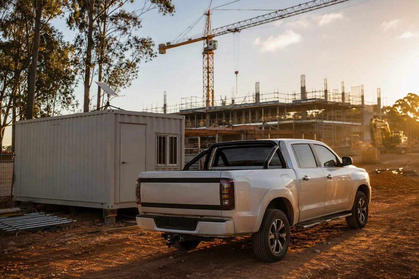 Australian construction site at golden hour with a Starlink Mini mounted on a tripod on a site office container roof and a tower crane in the background