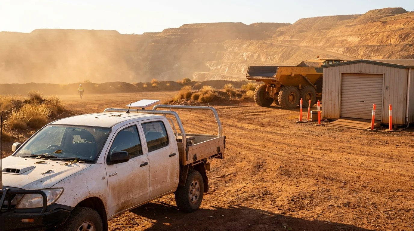 Muddy white Hilux ute with tray-rack-mounted Starlink Mini at a remote Australian open-cut mine at golden hour, articulated dump truck and demountable site office mid-ground, terraced ochre pit beyond
