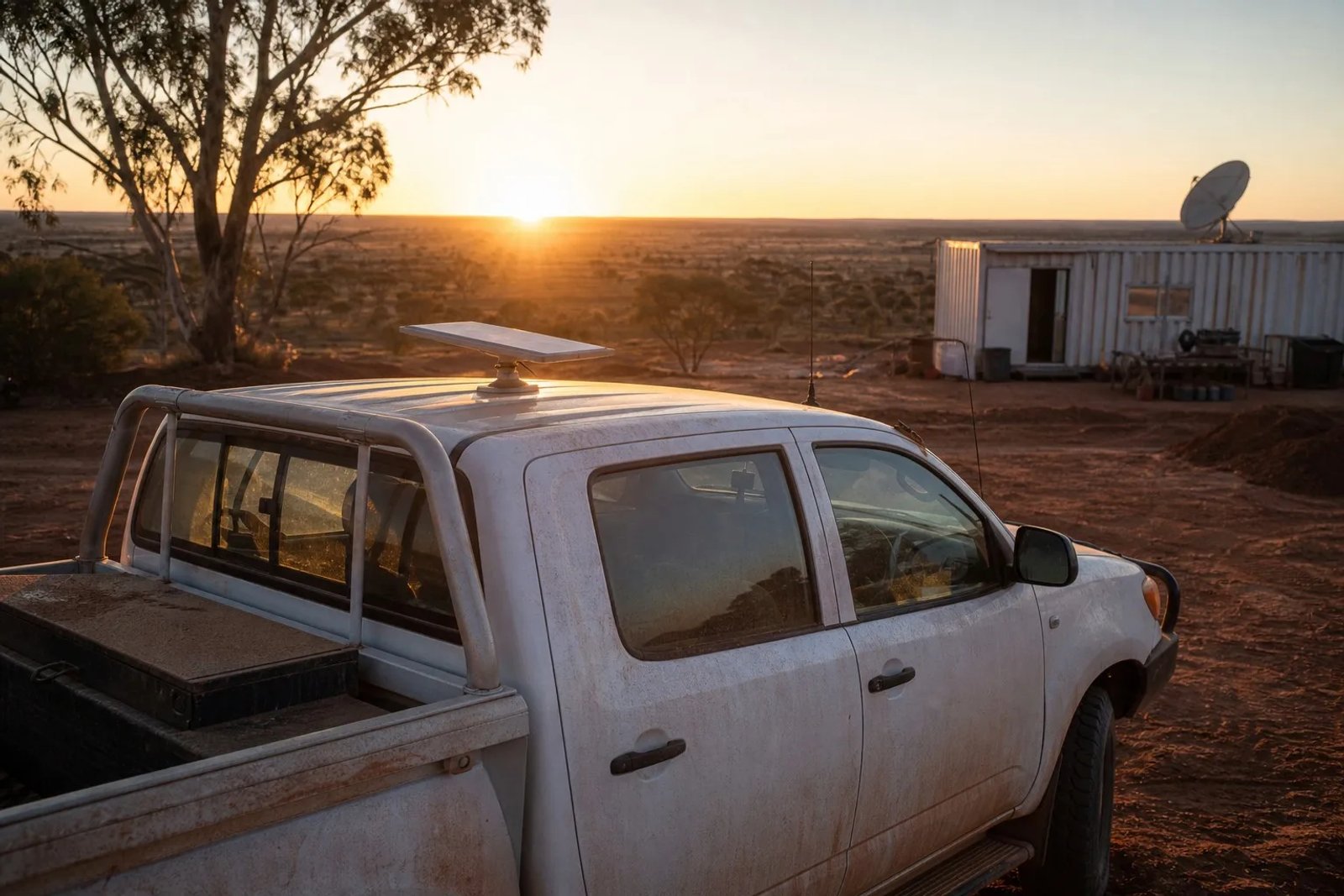 Dusty white Australian dual-cab ute with a Starlink Mini terminal mounted on the roof via a magnetic base, parked beside a site office shipping container with a satellite dish at a red-dirt remote worksite at golden hour