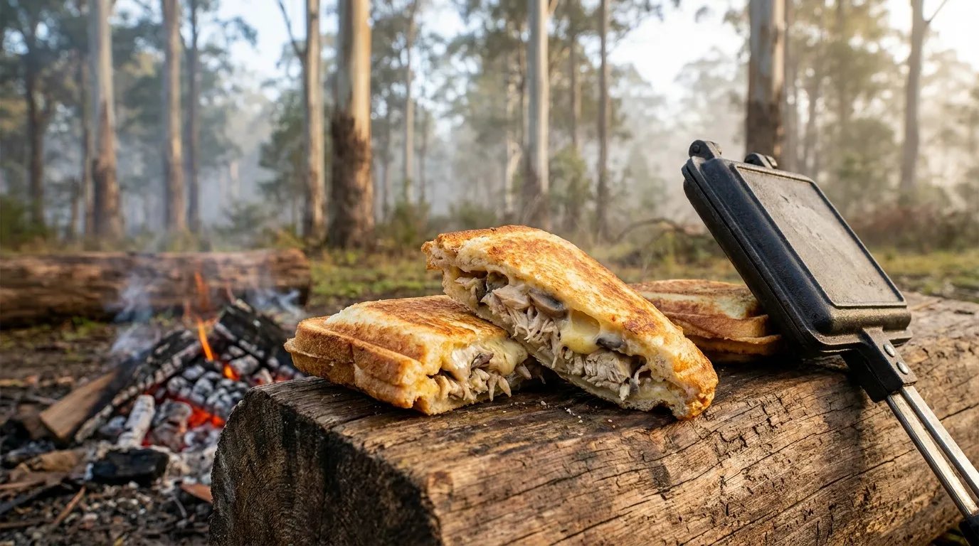 Two golden-brown toasted chicken and mushroom jaffles on a rustic log next to a campfire in the Australian bush.