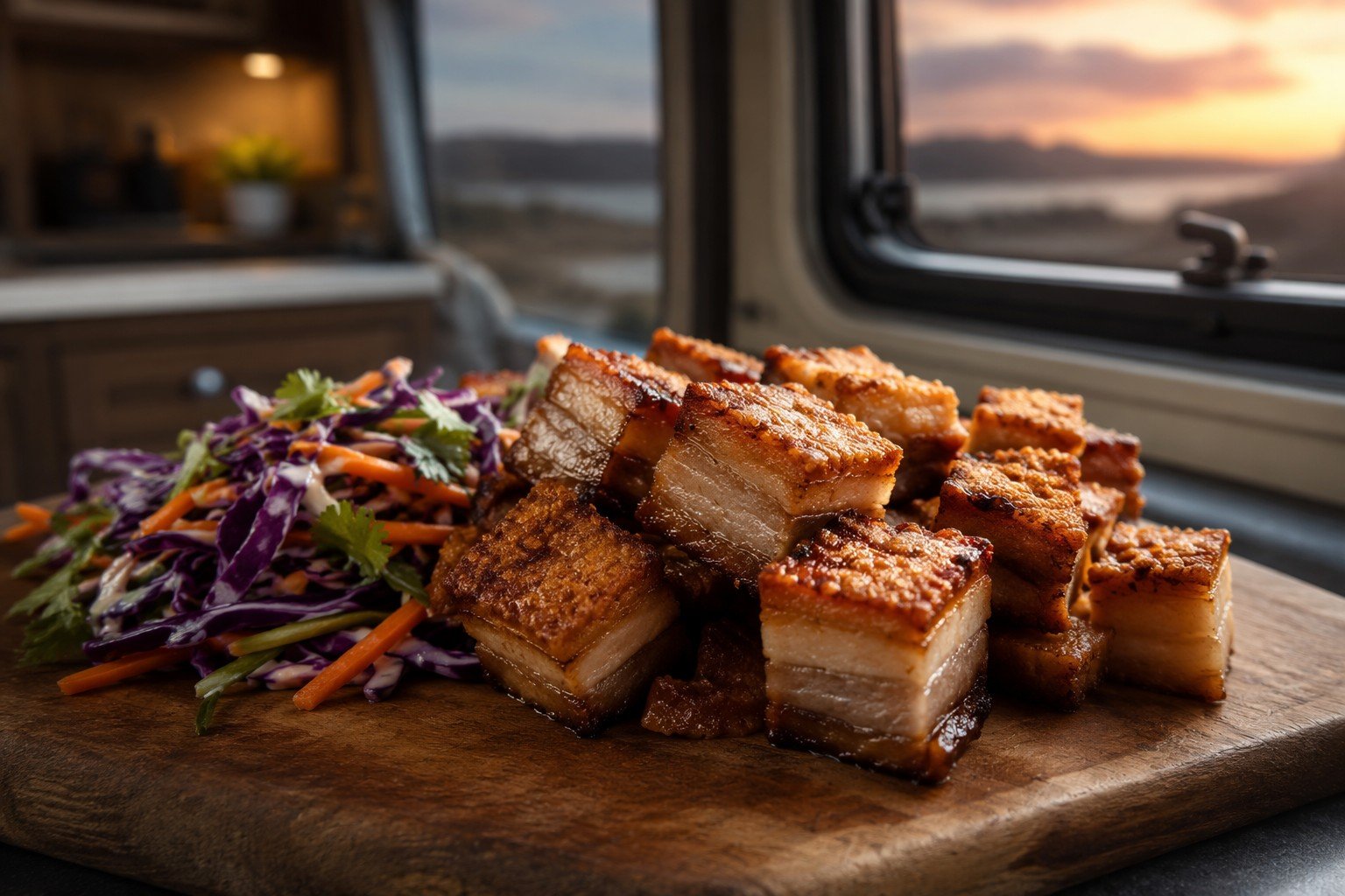 Crispy golden pork belly bites with fresh Asian slaw served in a modern caravan kitchen