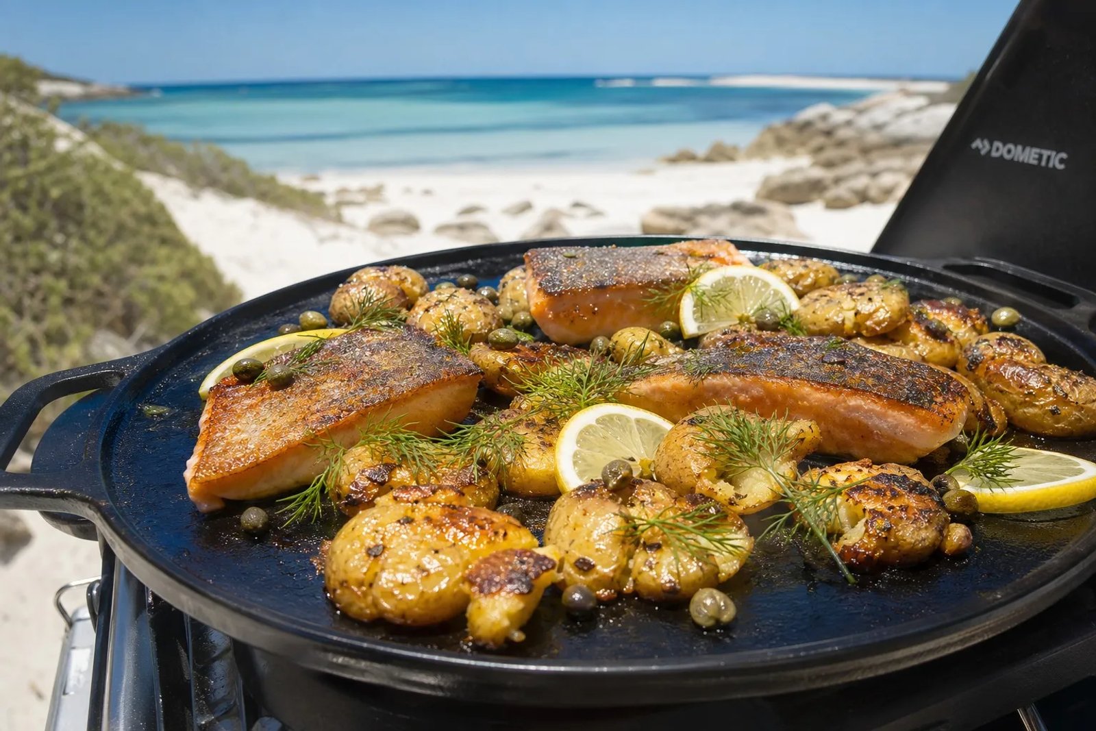 Crispy-skin salmon fillets and smashed baby potatoes with lemon, dill, and capers on a black hotplate at an Australian coastal campsite.