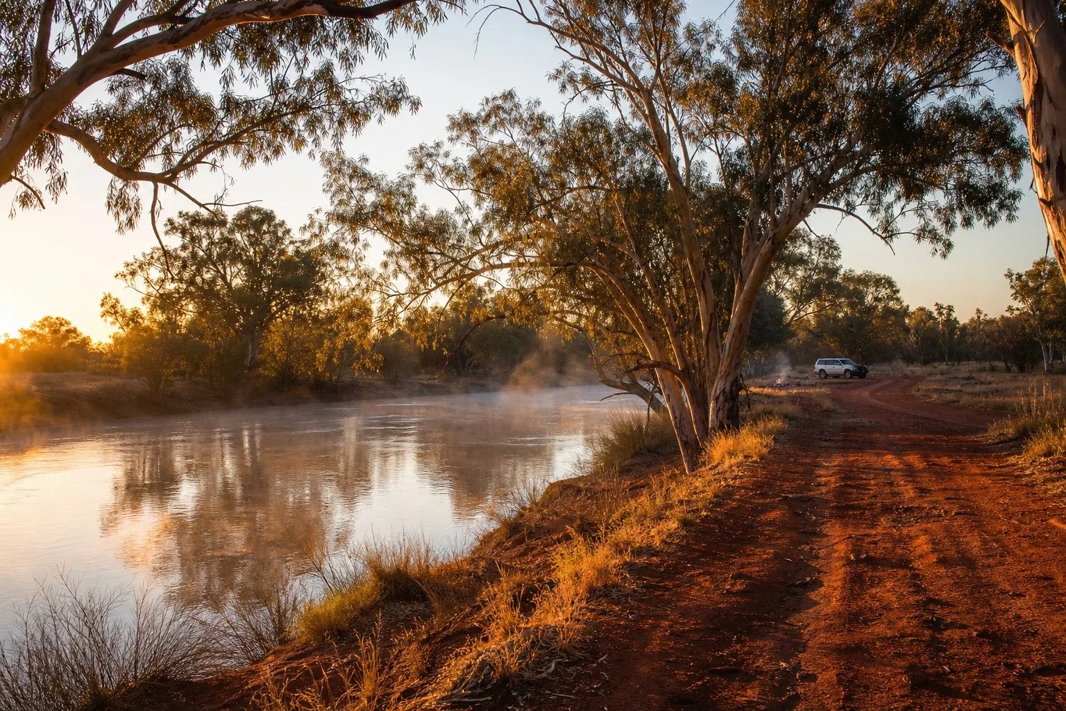 Wide slow Darling River lined with river red gums in outback NSW at golden hour, a dusty red-dirt track with tyre ruts running along the bank and a white 4WD wagon parked beside the water