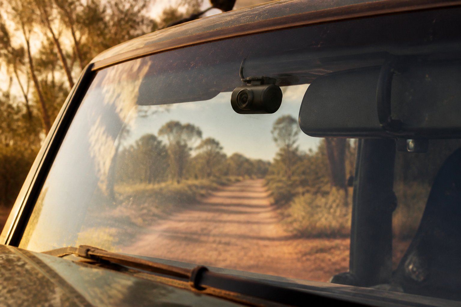 Close-up through the windscreen of a parked Australian 4WD at golden hour: a compact matte-black unbranded dash camera beside the rear-view mirror, its cable running into the headlining, blurred red-dirt outback track and eucalyptus beyond the glass.
