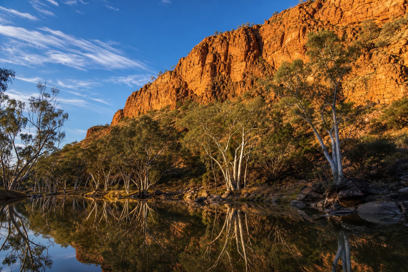Trephina Gorge in the East MacDonnell Ranges, Northern Territory, with towering red quartzite cliffs glowing in golden afternoon light, a permanent waterhole reflecting white ghost gums and a deep blue sky