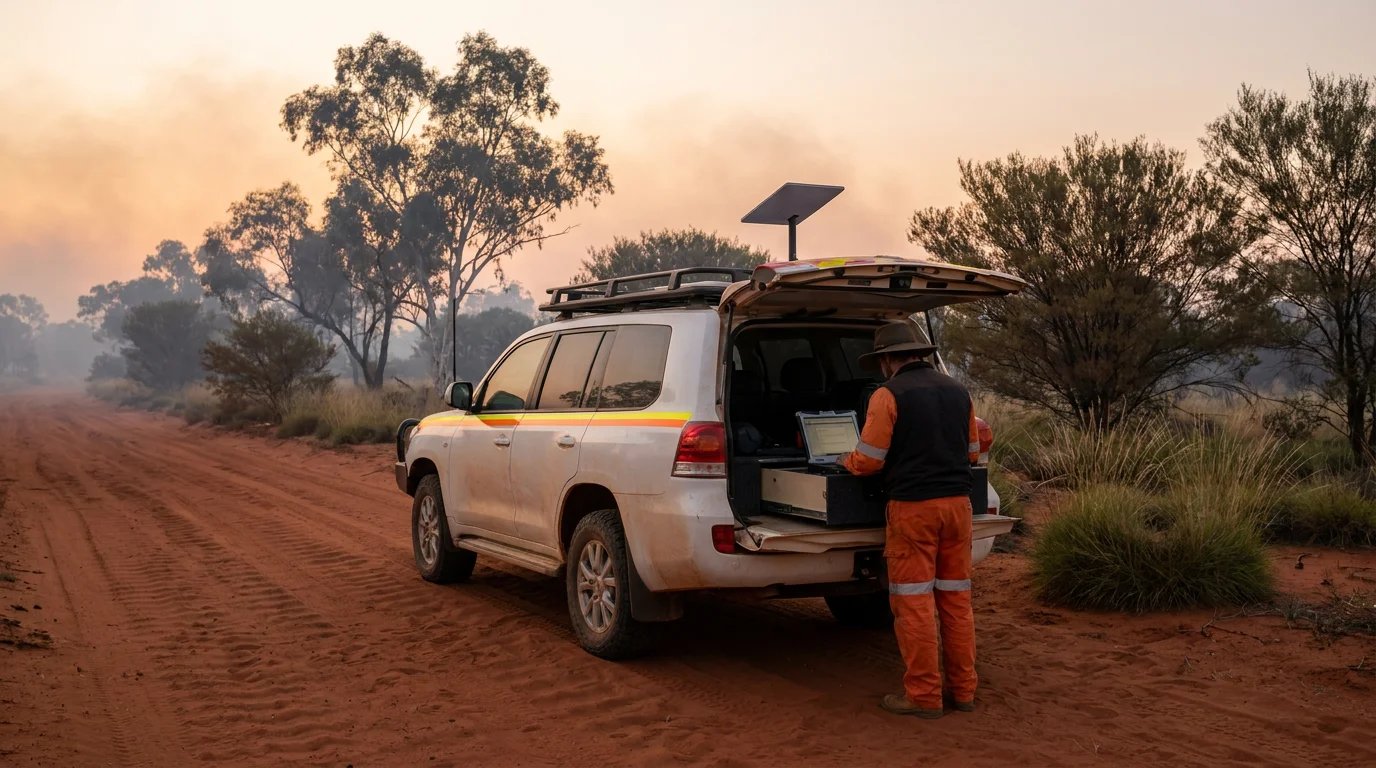 Australian emergency response 4WD with Starlink Mini mounted on the roof rack at dusk in the outback.