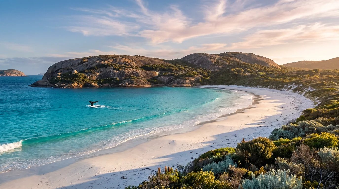 Lucky Bay at Cape Le Grand National Park near Esperance WA at winter sunrise, white sand crescent meeting turquoise water, granite headlands and native coastal scrub, a single Southern Right whale tail breaking the surface offshore.