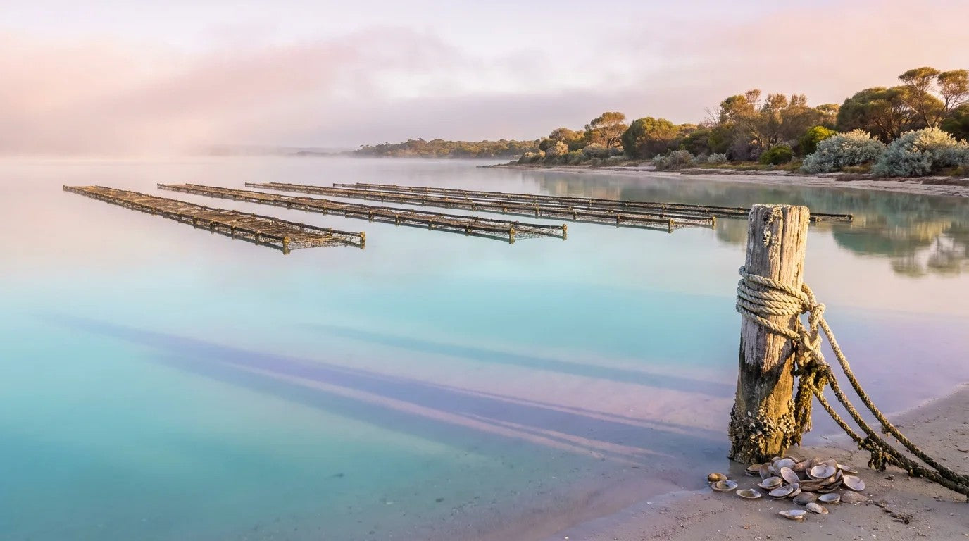 Glassy turquoise Coffin Bay at sunrise with neat parallel rows of oyster leases poking above the still water, native sheoaks on the far sandy shore, Eyre Peninsula South Australia.