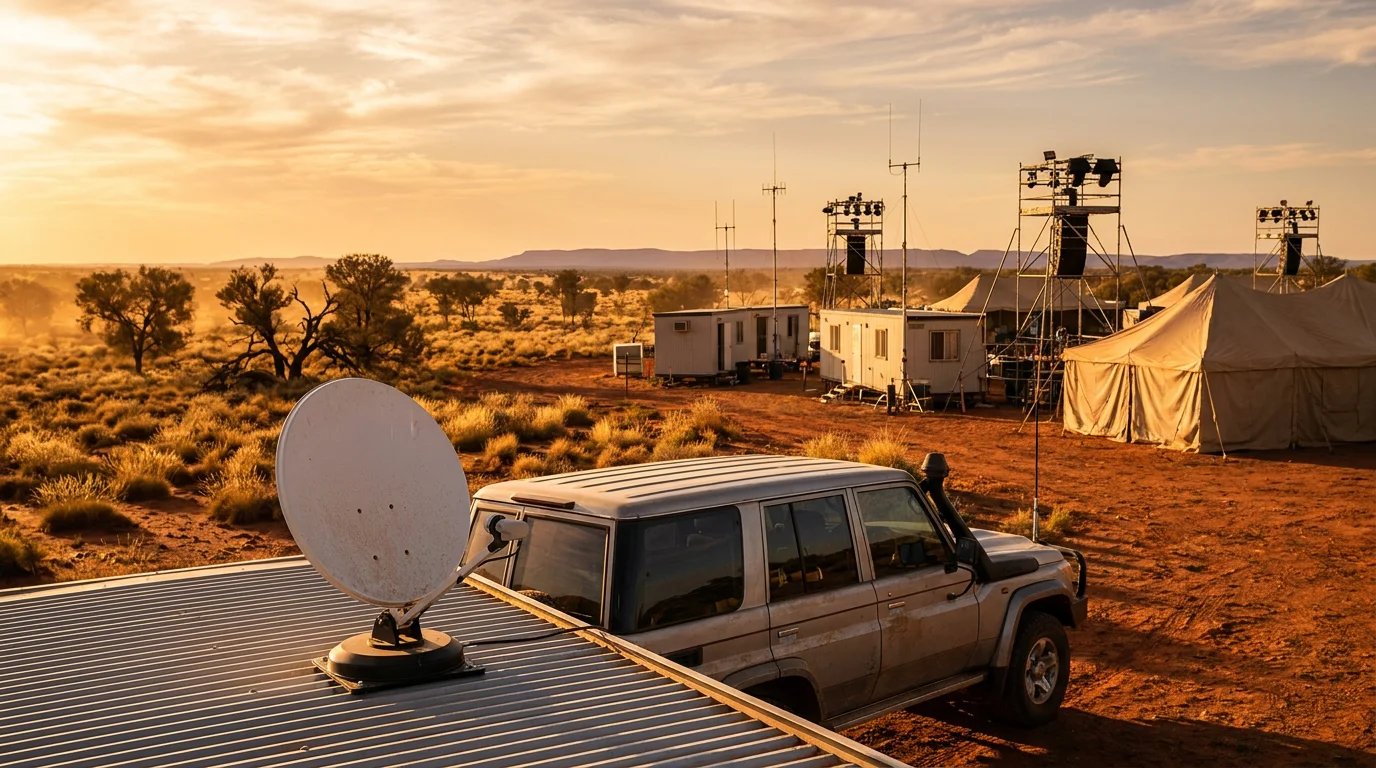 Outback Australian festival production compound at golden hour with satellite dish on magnetic mount, stage rigging towers, production cabins and marquees on red dirt
