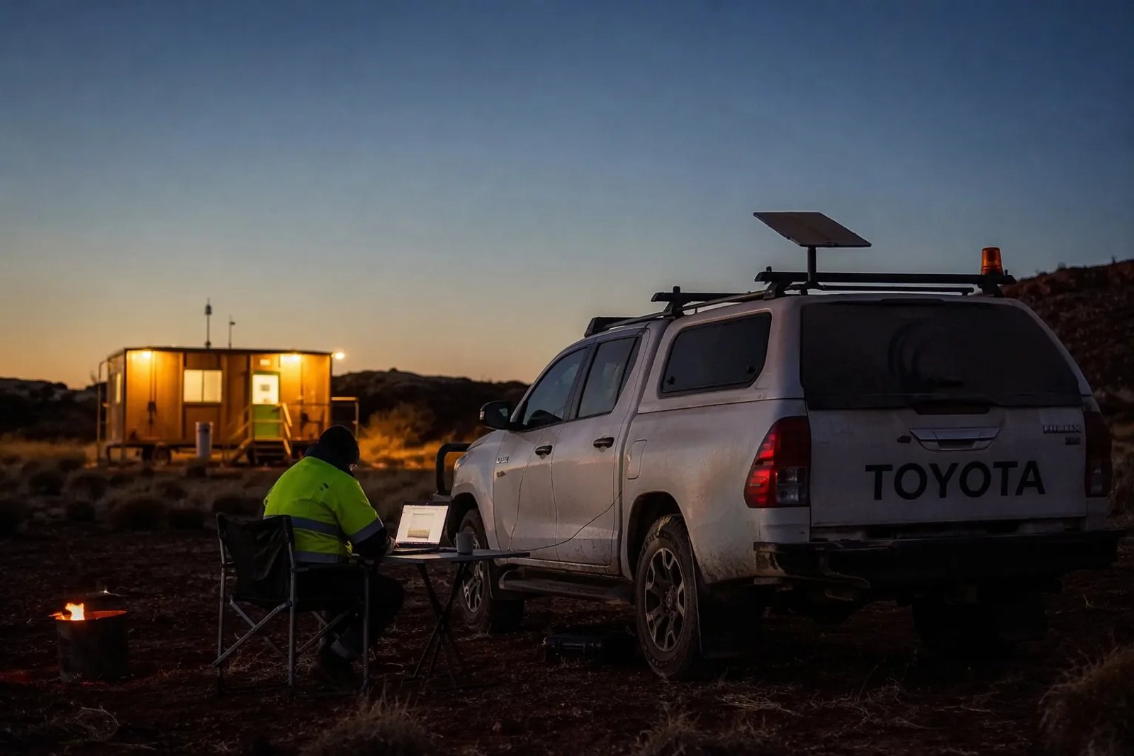 Remote worker in high-vis sitting by a Hilux using a laptop with Starlink Mini at twilight