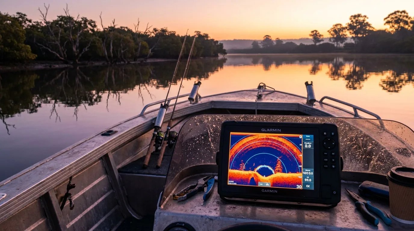 A high-resolution fish finder screen on a boat console at sunrise in an Australian estuary.