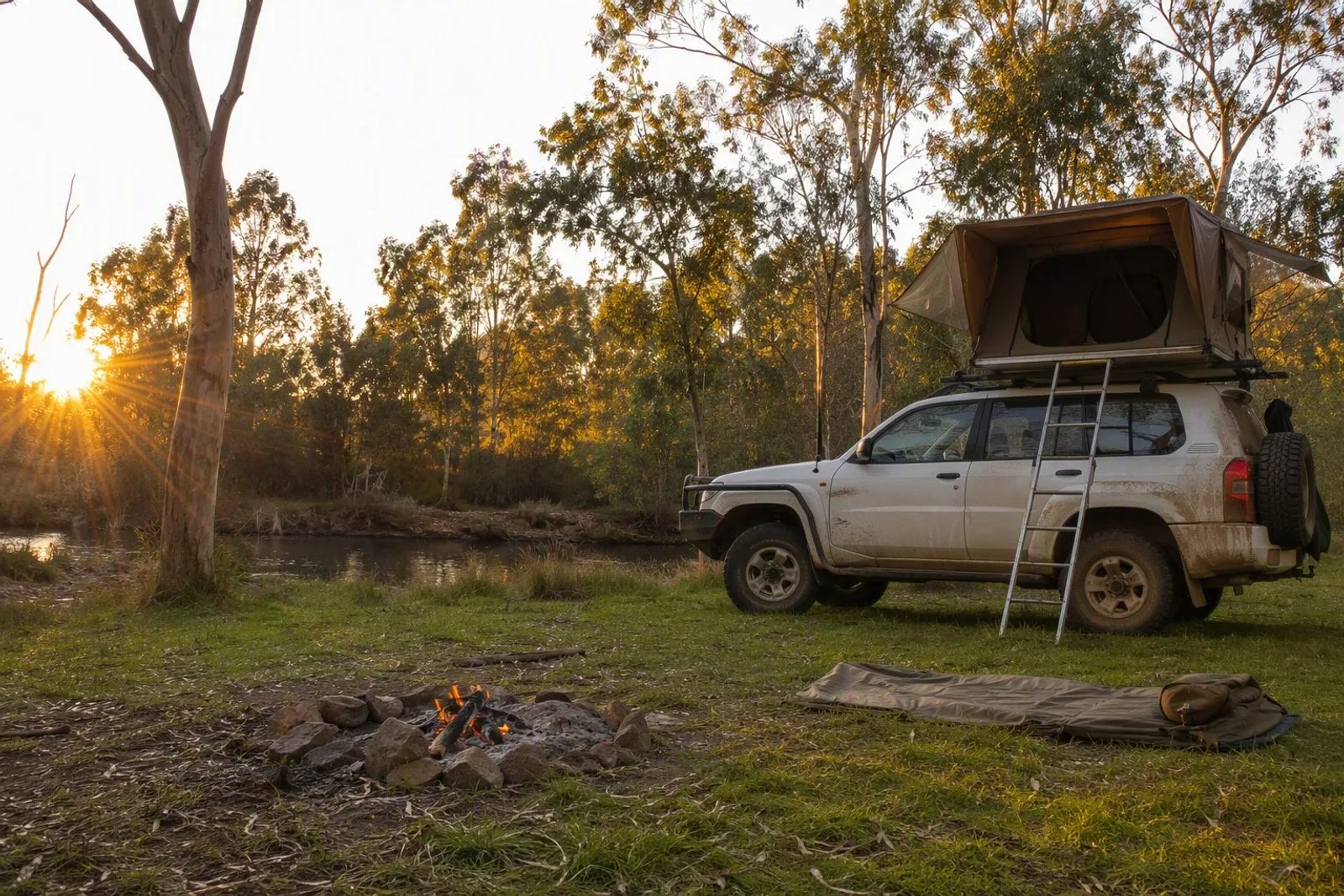 Free camping spot in an Australian state forest at golden hour with a white 4WD wagon with rooftop tent parked beside a calm river and a campfire ring in the foreground