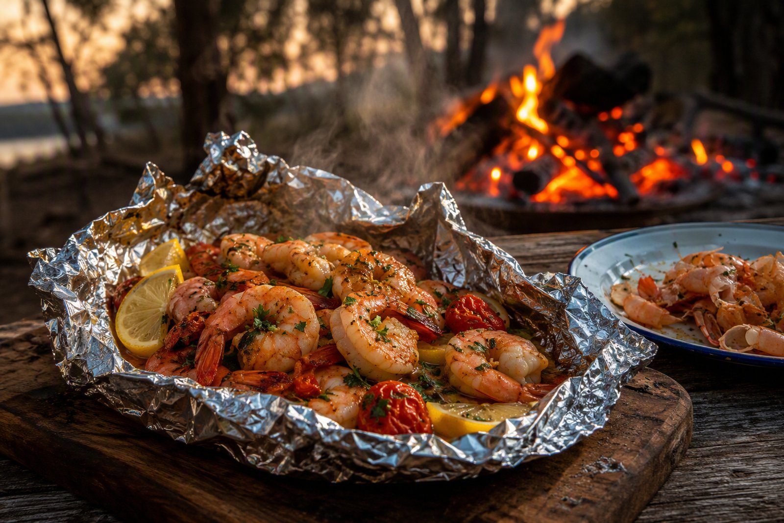 Torn-open foil parcel on a wooden board revealing pink garlic-butter prawns with blistered cherry tomatoes, lemon wedges and parsley, steam rising, glowing campfire coals and eucalyptus trees at dusk