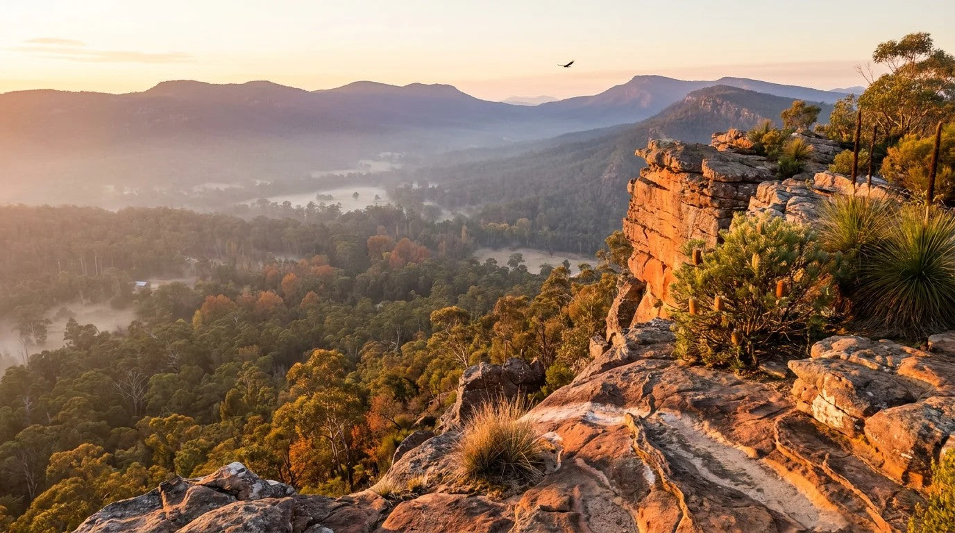 Sandstone clifftop in the Grampians (Gariwerd) Victoria at golden hour late autumn, jagged orange-red rock with grass tree and banksia, layered blue mountain ridges, soft mist in the autumn eucalypt forest of Halls Gap valley below, wedge-tai...