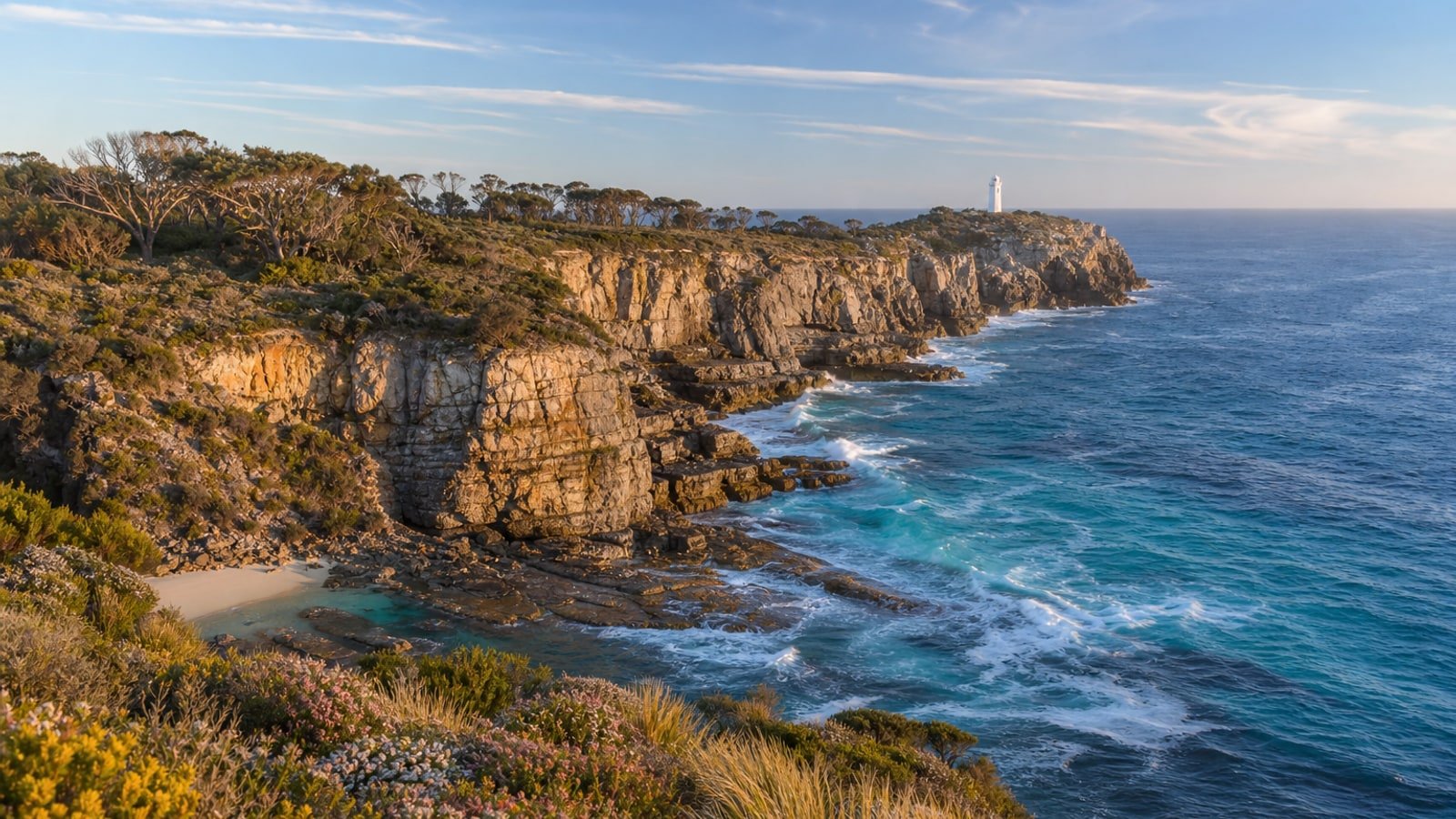 Granite cliffs and turquoise water at Green Cape in Ben Boyd National Park, with a small white lighthouse on the distant headland and spring wildflowers on the far south coast of NSW