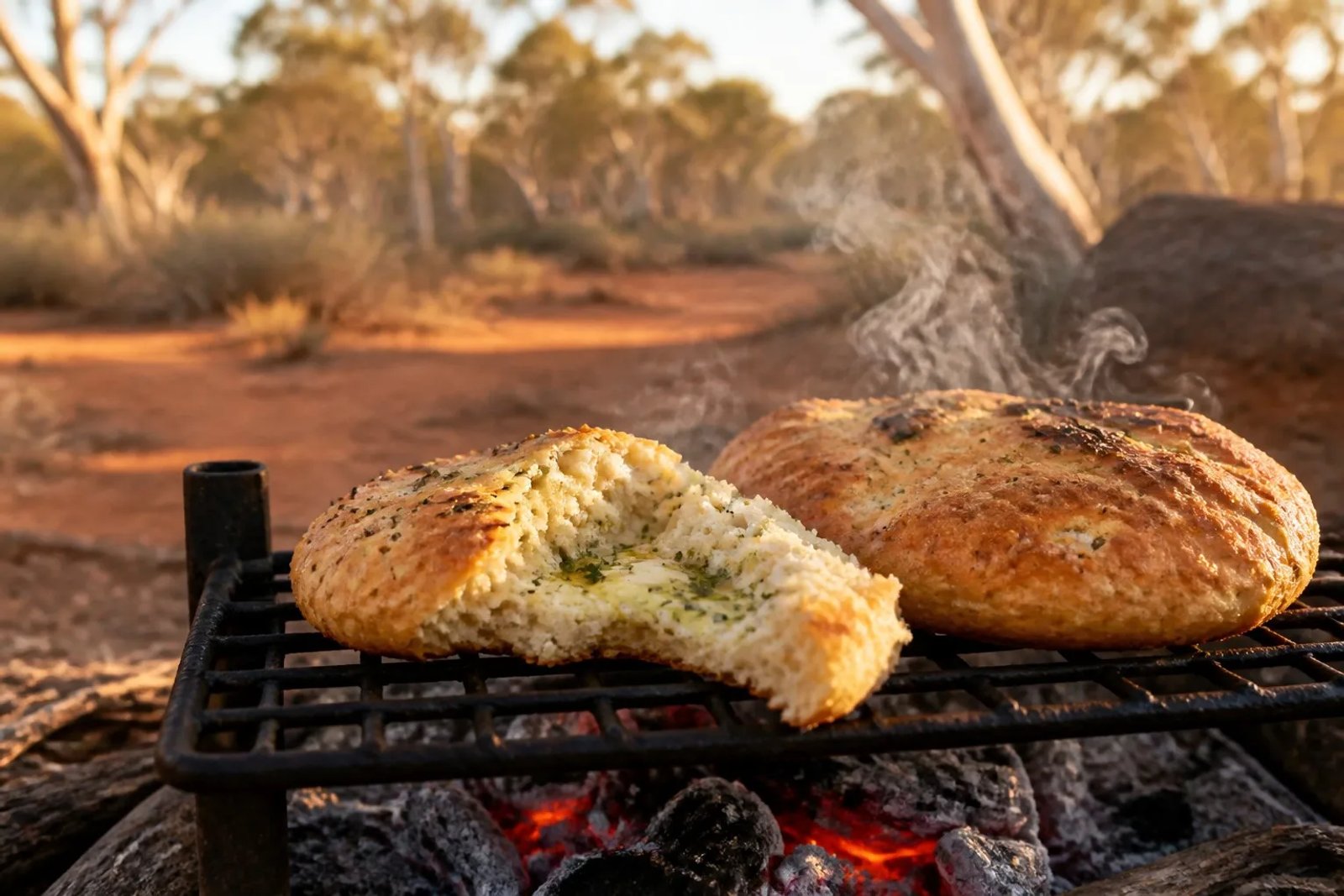 Golden damper rounds cooking on a grill grate over glowing coals, one torn open with melting garlic herb butter, at an Australian bush campsite with red dirt and gum trees