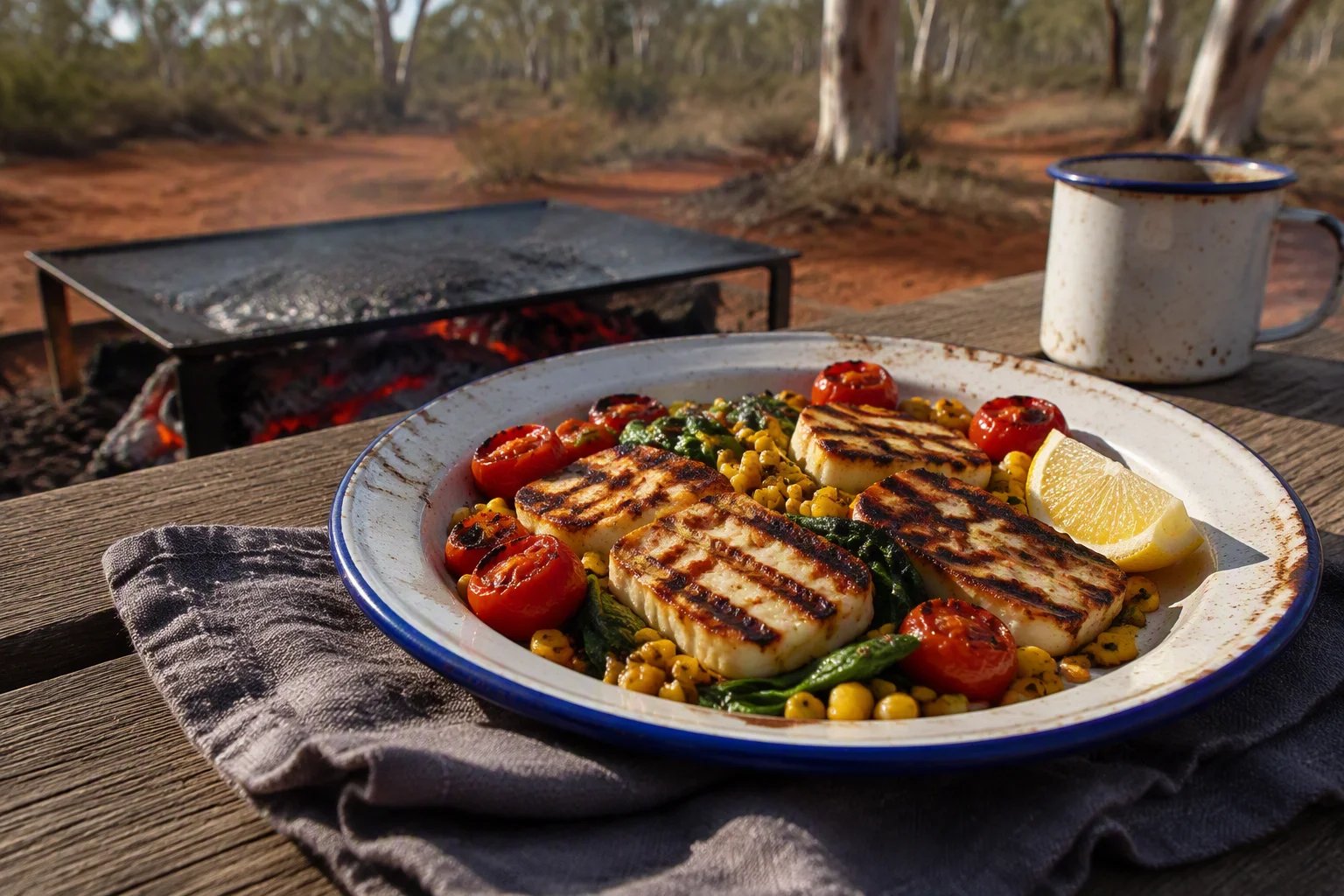 Grilled halloumi with charred corn, blistered cherry tomatoes, wilted spinach and lemon on a white enamel camp plate, beside a flat steel hotplate over glowing coals, with red dirt and eucalyptus at an Australian bush campsite in early morning light.
