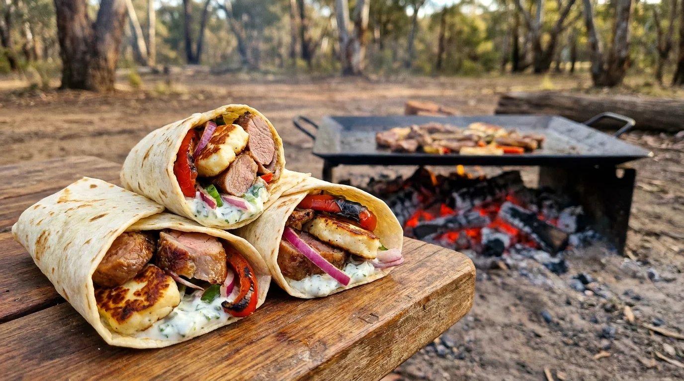 Three seared lamb and halloumi wraps on a rustic camp table, with a campfire hotplate and Australian bush in the background under warm winter light.
