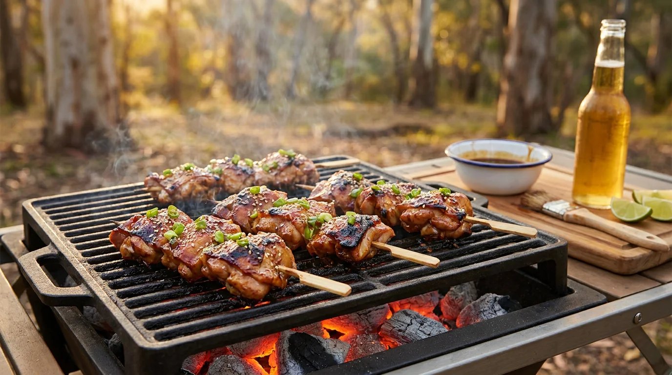 Six honey-soy chicken thigh skewers sizzling on a cast iron grill grate over glowing coals at a bush camp, sticky caramelised glaze with sesame seeds and spring onions, golden-hour gum tree light, enamel bowl of glaze and lime wedges beside.
