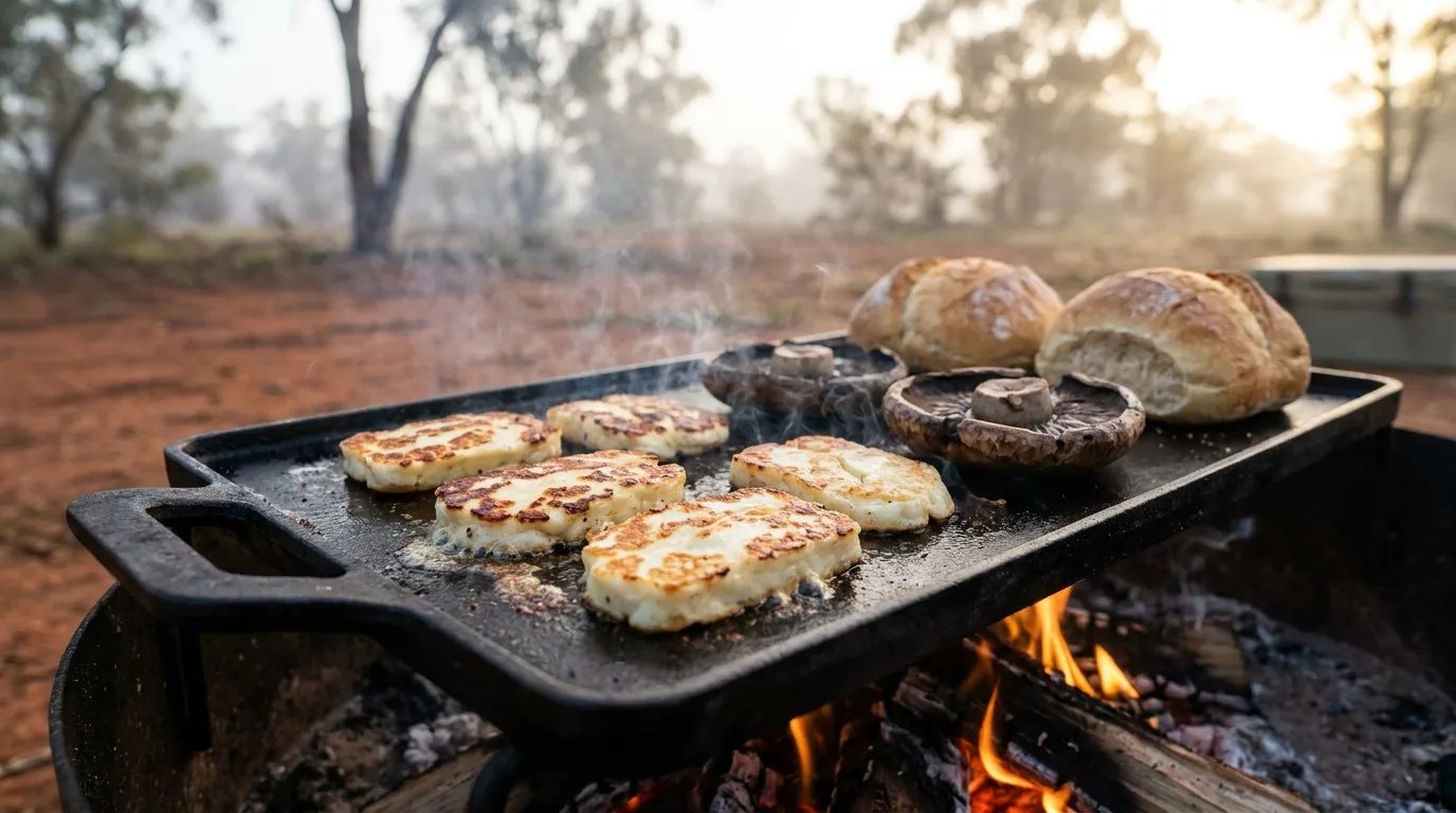 Golden-brown halloumi slices and portobello mushrooms sizzling on a cast-iron hotplate over an open campfire at a misty outback campsite.