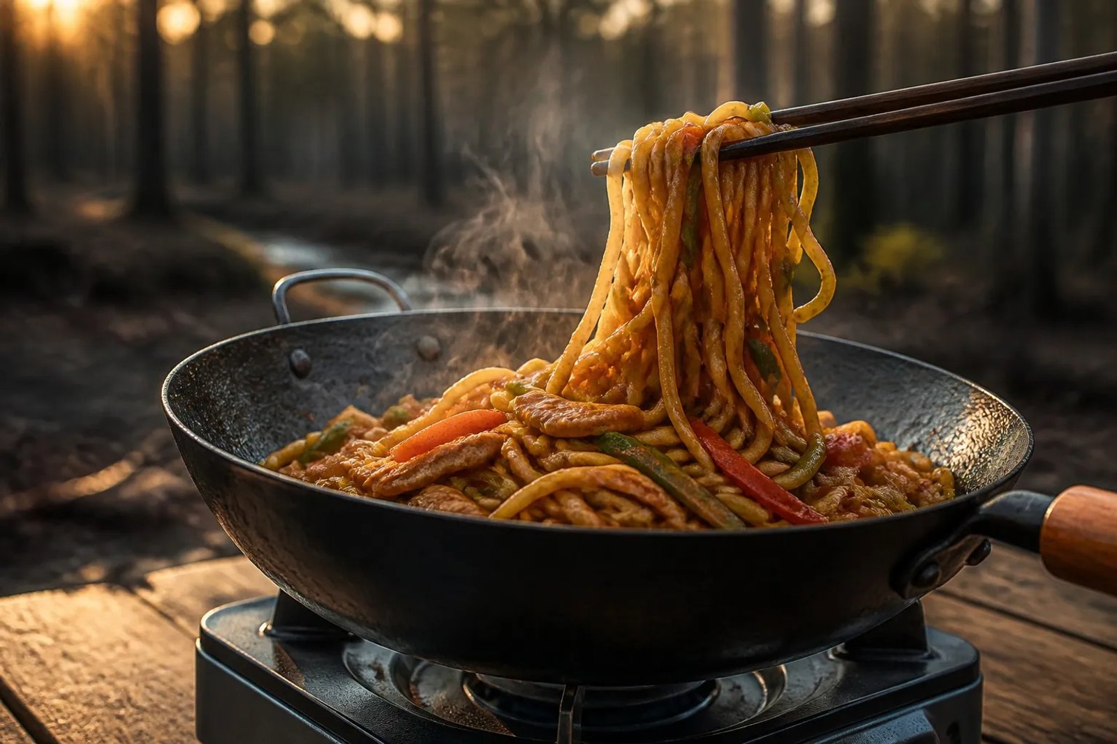 Steaming wok of glossy pork and hokkien noodle stir-fry with capsicum on a gas camp stove at a wooden camp table, chopsticks lifting noodles, eucalyptus forest at golden hour