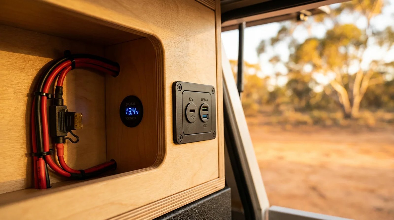 12V USB-C PD socket and voltmeter installed neatly in a 4WD canopy panel with red and black wiring and inline fuse, golden-hour Australian outback in background