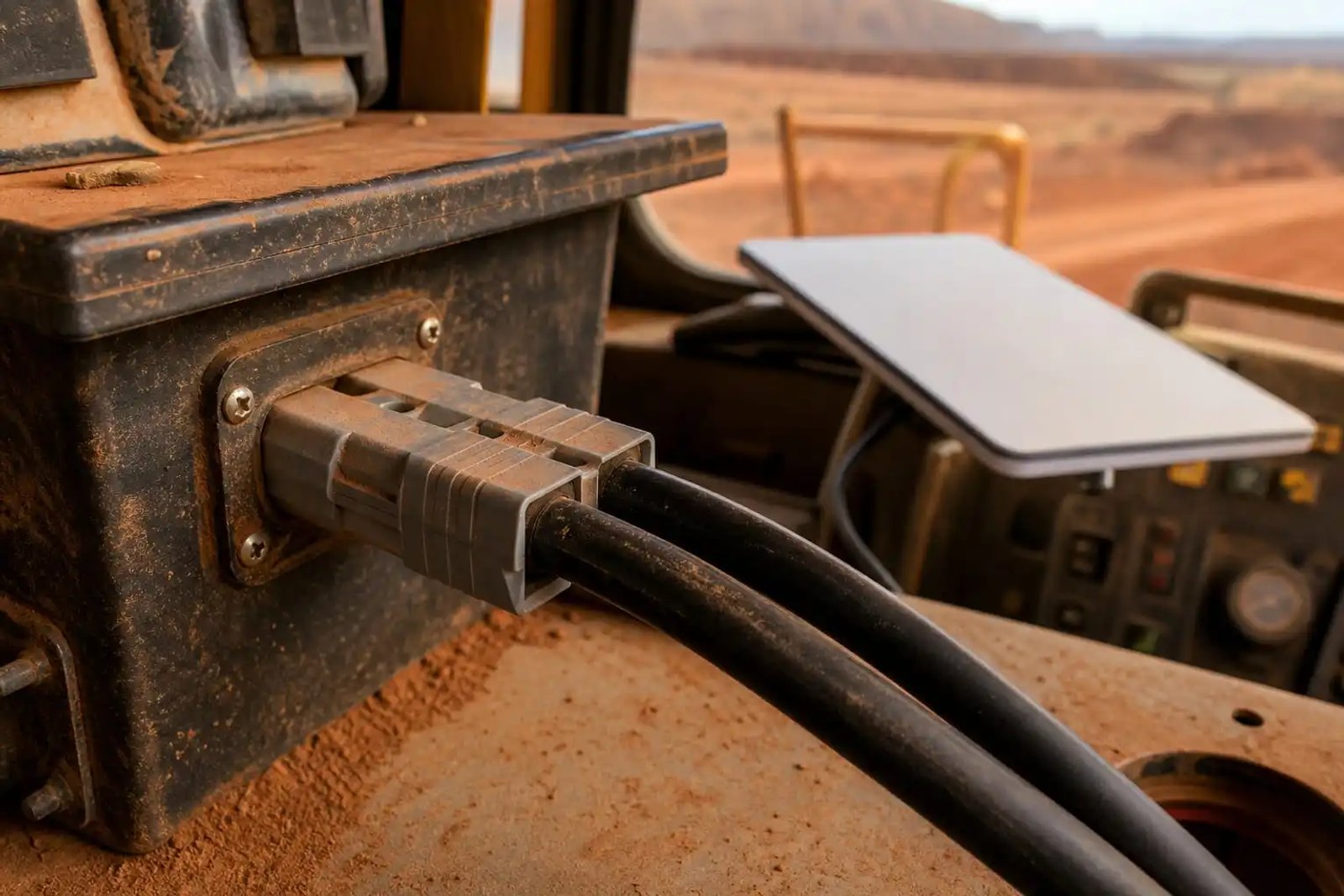 A close-up of a 50A Anderson plug power supply for Starlink Mini connected to a dusty heavy machinery dashboard in the Australian outback.