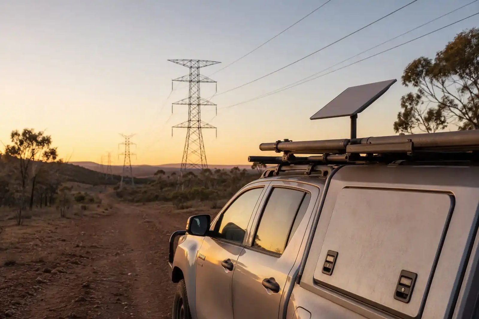 A rugged service utility 4WD with a Starlink Mini mounted on the roof rack, with high-voltage transmission towers in the background at golden hour.
